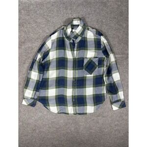 Billy T Plaid Button Down Shirt Womens Green Navy Blue Lyocell Long Sleeve